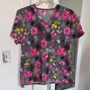 Floral V-Neck Short Sleeve Scrub Top